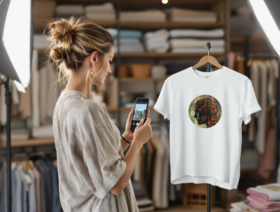 Commercant en train de créer du Contenu Video Commerce Rennes Tshirt